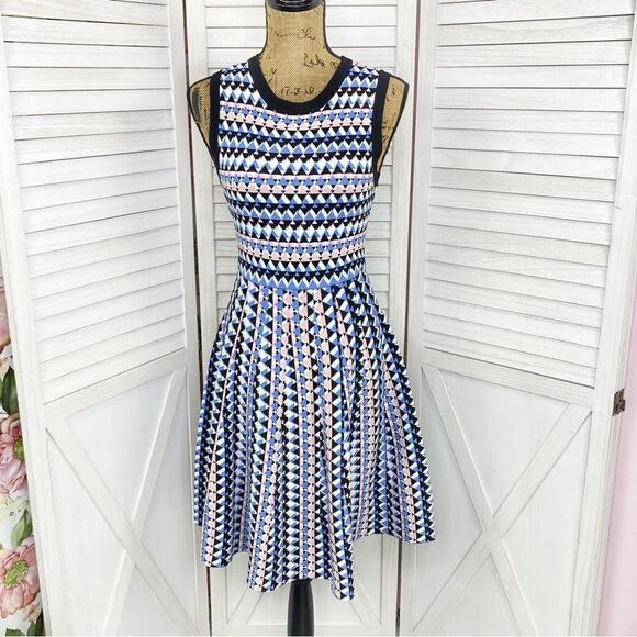 Susan Monaco Stitch Fix Geometric Print Fit & Flare Dress Blue Pink Small - Picture 1 of 12